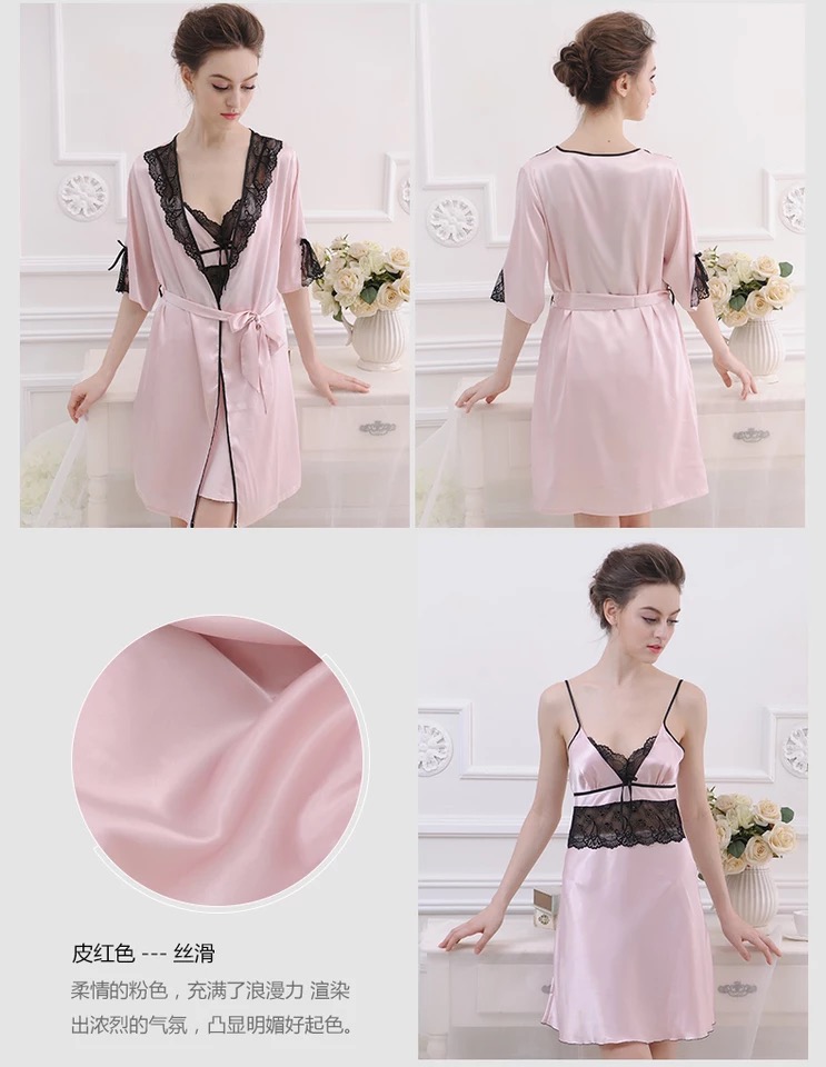 Set ชุดนอน เซ็ทชุดคลุมนอน+ สายเดี่ยวสีขมพูอ่อน แต่งลูกไม้ดำ