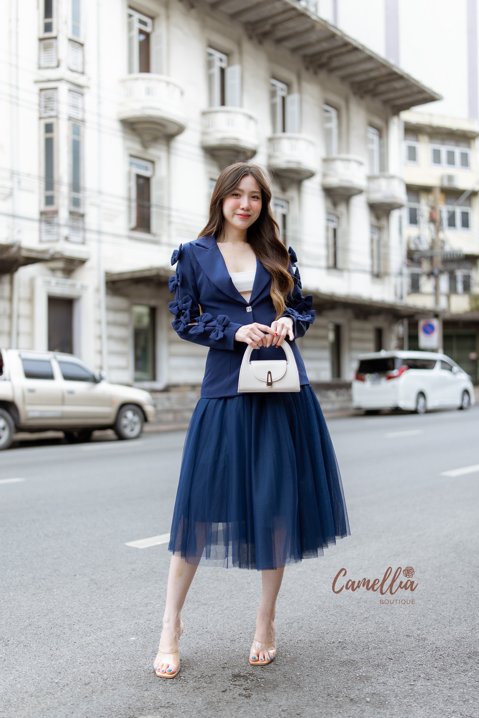 ชุดเซทแฟชั่น ชุดSet เสื้อBlazer แขนโบแต่งกระดุมเพชรด้านหน้า