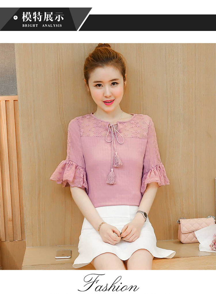 KTFN เสื้อแฟชั่นเกาหลี ตัดต่อปลายแขนเลเยอร์ คอสายผูกโบว์พู่ห้อย สีชมพู