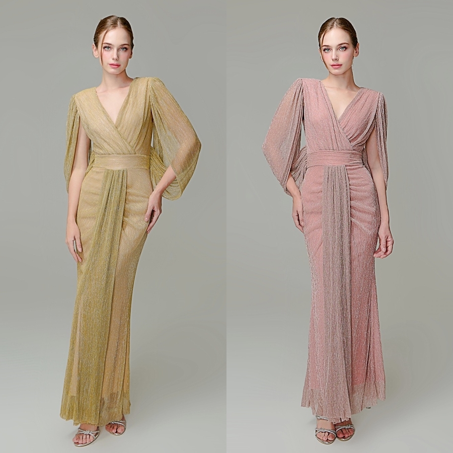 เดรสแฟชั่น แม็กซี่เดรสเสื้อคอวีคลุมแขน กระโปรงเข้ารูปตรงสะโพก จับเดรปตรงกลาง