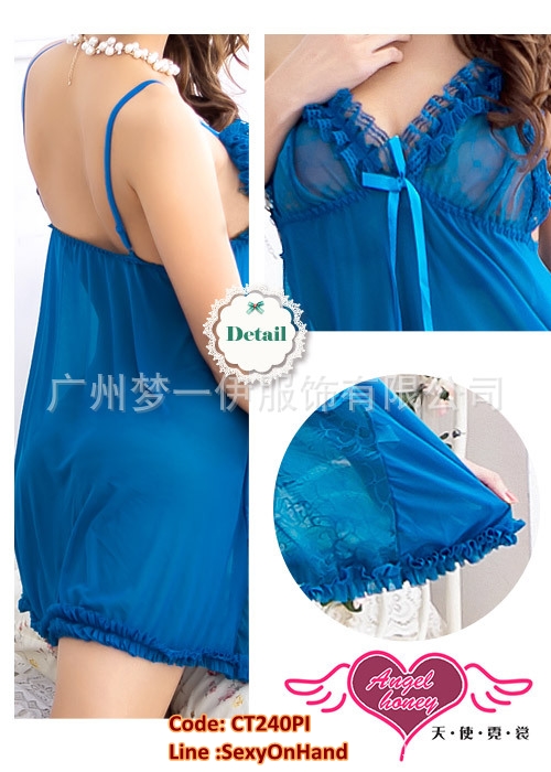 ชุดนอน สายเดี่ยว ซีทรู สีน้ำเงินเข้มอมฟ้าน้ำทะเล แต่งลูกไม้ซีทรู เนื้อผ้าเกรดพรีเมี่ยม สวยหรู ทิ้งตัว มากๆคะ +G-string แต่งลูกไม้เข้าชุด