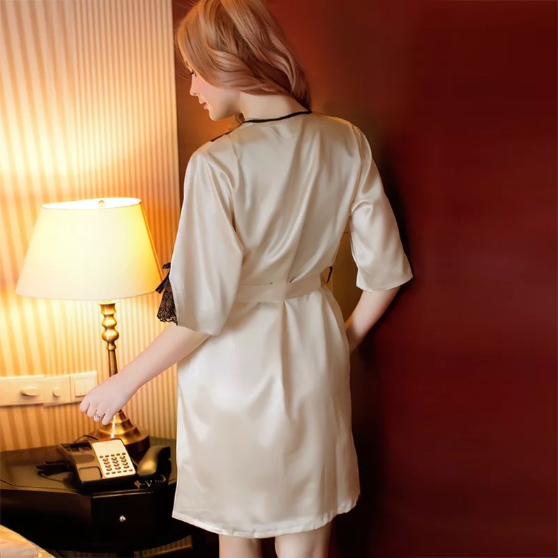 Set ชุดนอน เซ็ทชุดคลุมนอน+ สายเดี่ยวสีแชมเปญ แต่งลูกไม้ดำ