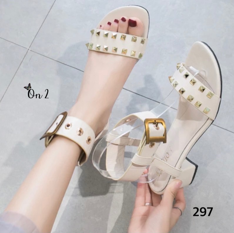 รองเท้าส้นสูงรัดข้อสไตล์แกลดิเอเตอร์ หน้าดอกมุก ส้นสูง 2" กำลังดีใส่เดินง่าย งานดี งานมีกล่อง