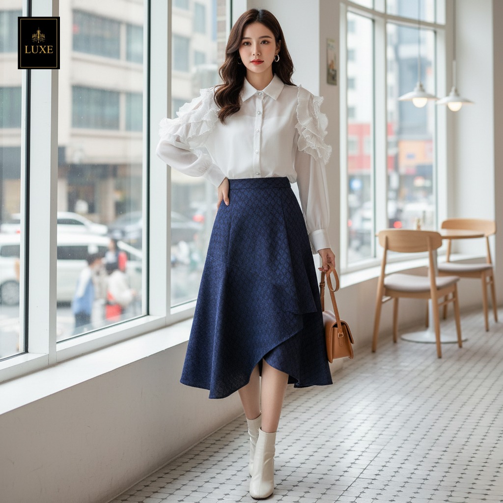 เสื้อแฟชั่น เสื้อเชิ้ตคอปกแขนยาว ดีเทลแต่งผ้าพลีทที่ต้นแขนพร้อมปักลูกปัดมุก