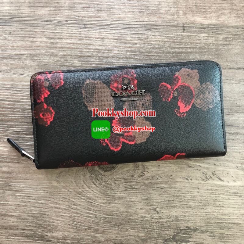 COACH Accordion Zip Wallet in Floral Print Coated Canvas กระเป๋าสตางค์ใบยาว เปิด-ปิดกระเป๋าด้วยซิปรอบ ด้านในมีช่องใส่บัตร ช่องใส่ธนบัตร และช่องซิปใส่เหรียญค่ะ ด้านหลังมีช่อง 1 ช่อง
