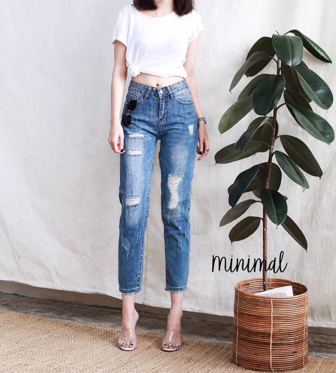 กางเกงแฟชั่น กางเกงยีนส์บอยเฟรนทรงขาเต่อ สียีนส์ฟอกเฟด แต่งขาดเซอร์สวยมาก