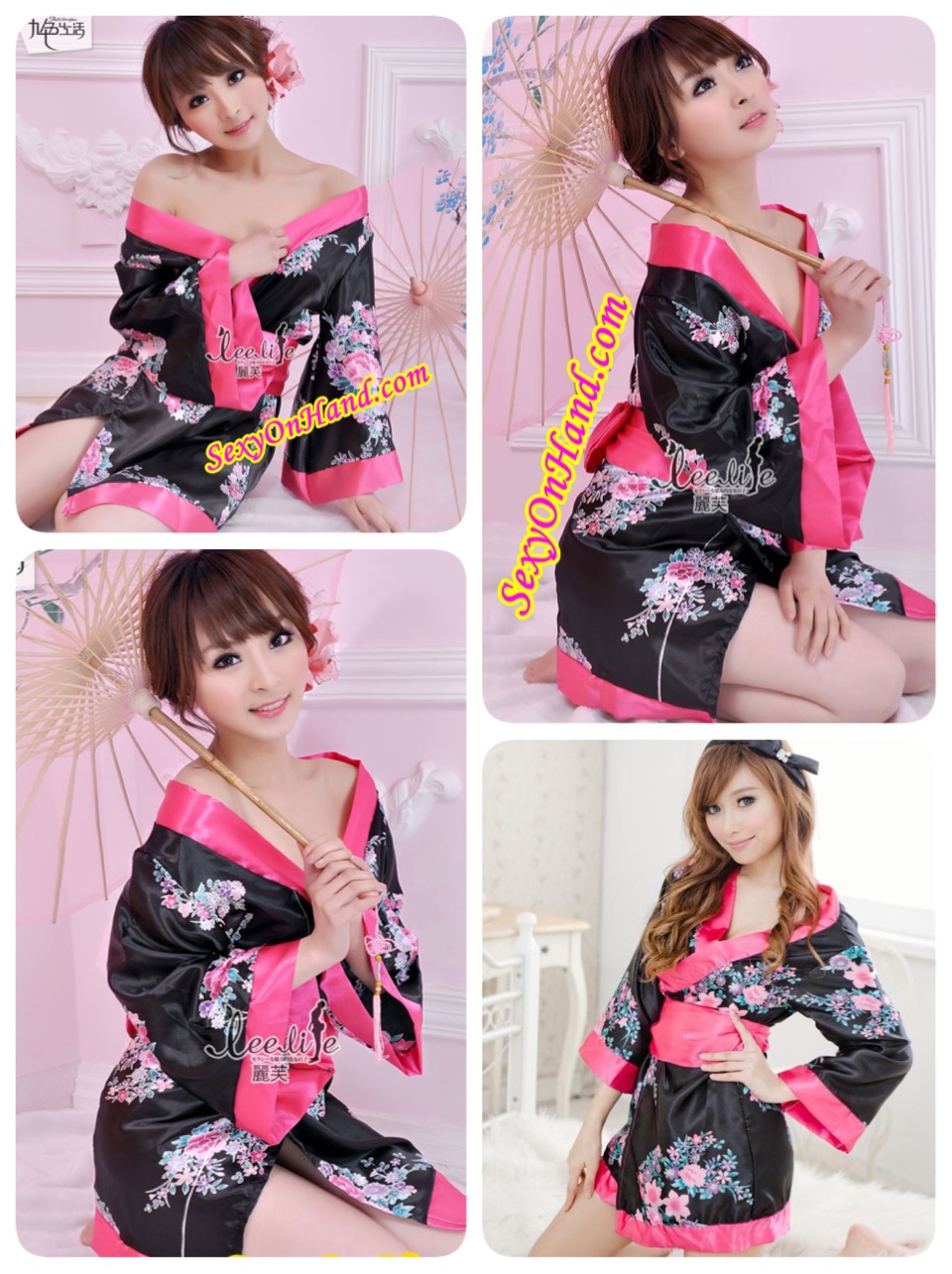 ชุดยูกาตะ กิโมโน เสื้อคลุมญี่ปุ่น ชุดแฟนซี กิโมโนสั้น กิโมโนเซ็กซี่ พื้นดำ ลายดอกชมพู แซมม่วงและเขียว แต่งขอบแถบชมพูเข้ม พร้อมโบว์สำเร็จและสายคาด สีชมพูเข้ม พร้อมสายคาดเอวสีชมพู ติดโบว์ สวยน่ารักมากๆค่ะ