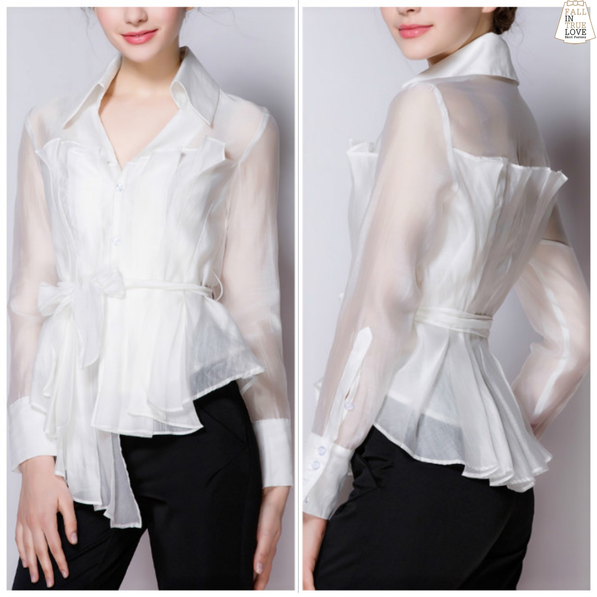 เสื้อแฟชั่น เสื้อเชิ้ตคอวีจับจีบทวิสต์ช่วงตัวรอบตัวหน้าหลังแบบเรียบหรู