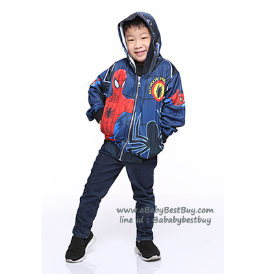 ฮ " S-M-L-XL " เสื้อแจ็คเก็ต Spiderman เสื้อกันหนาว เด็กผู้ชาย สีน้ำเงิน รูดซิป มีหมวก(ฮู้ด) ใส่คลุมกันหนาว กันแดด สุดเท่ห์ ใส่สบาย ลิขสิทธิ์แท้ (ไซส์ S-M-L-XL )