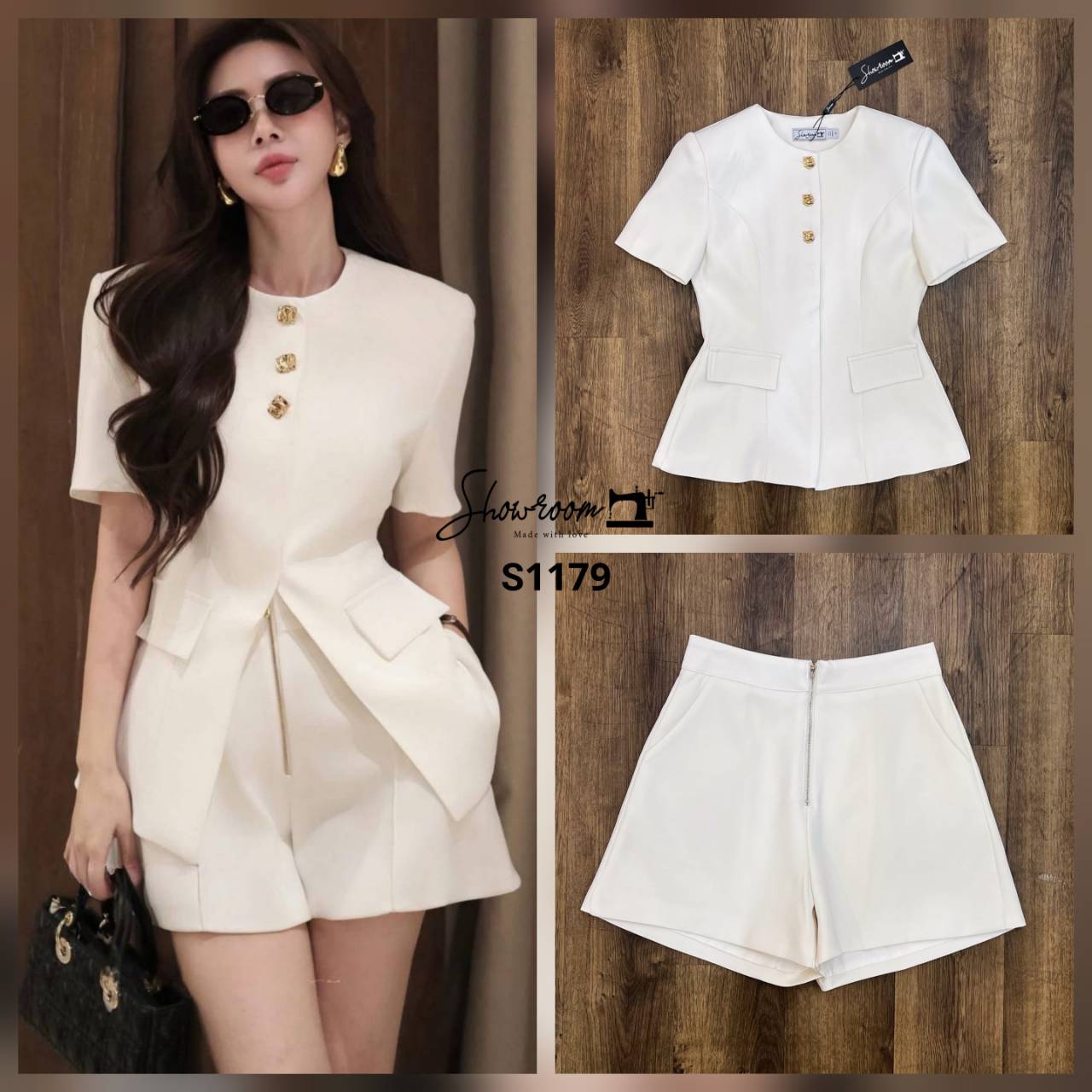 ชุดเซทแฟชั่น เซ็ตเสื้อแขนสั้นดีไซน์เก๋ แต่งกะดุมทอง มาพร้อมกางเกงขาสั้นทรงสวยเข้าเซ็ต