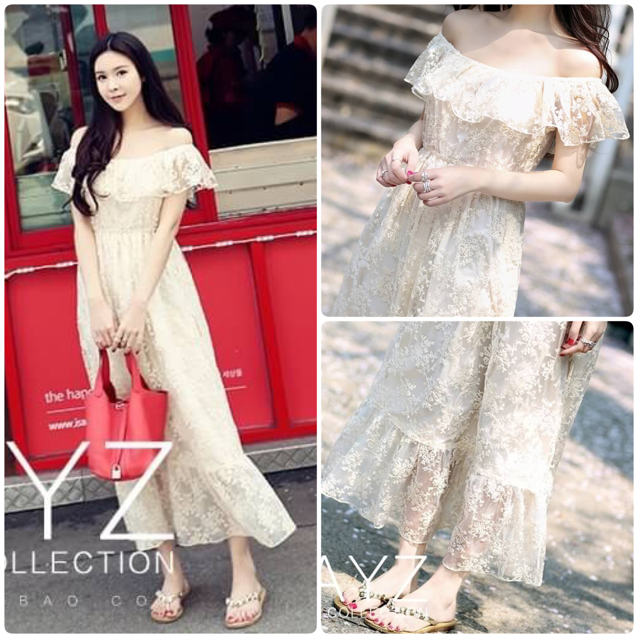 เสื้อผ้าแฟชั่นนำเข้า : MAXI DRESS ชุดเดรสยาว พร้อมส่ง สีครีม ผ้ามุ้งปักด้วยลายดอกไม้งานปราณีต สวยมากๆค่ะ ดีเทลระบายเป็นชั้นช่วงคอเสื้อ กระโปรงบานพริ้วๆ ใส่ได้ 2 แบบ ค่ะ จะใส่แบบเปิดไหล่ น่ารักๆ หรือ ใส่แบบคอกลม ก็ได้ค่ะ มีซับใน เอวยางยืด