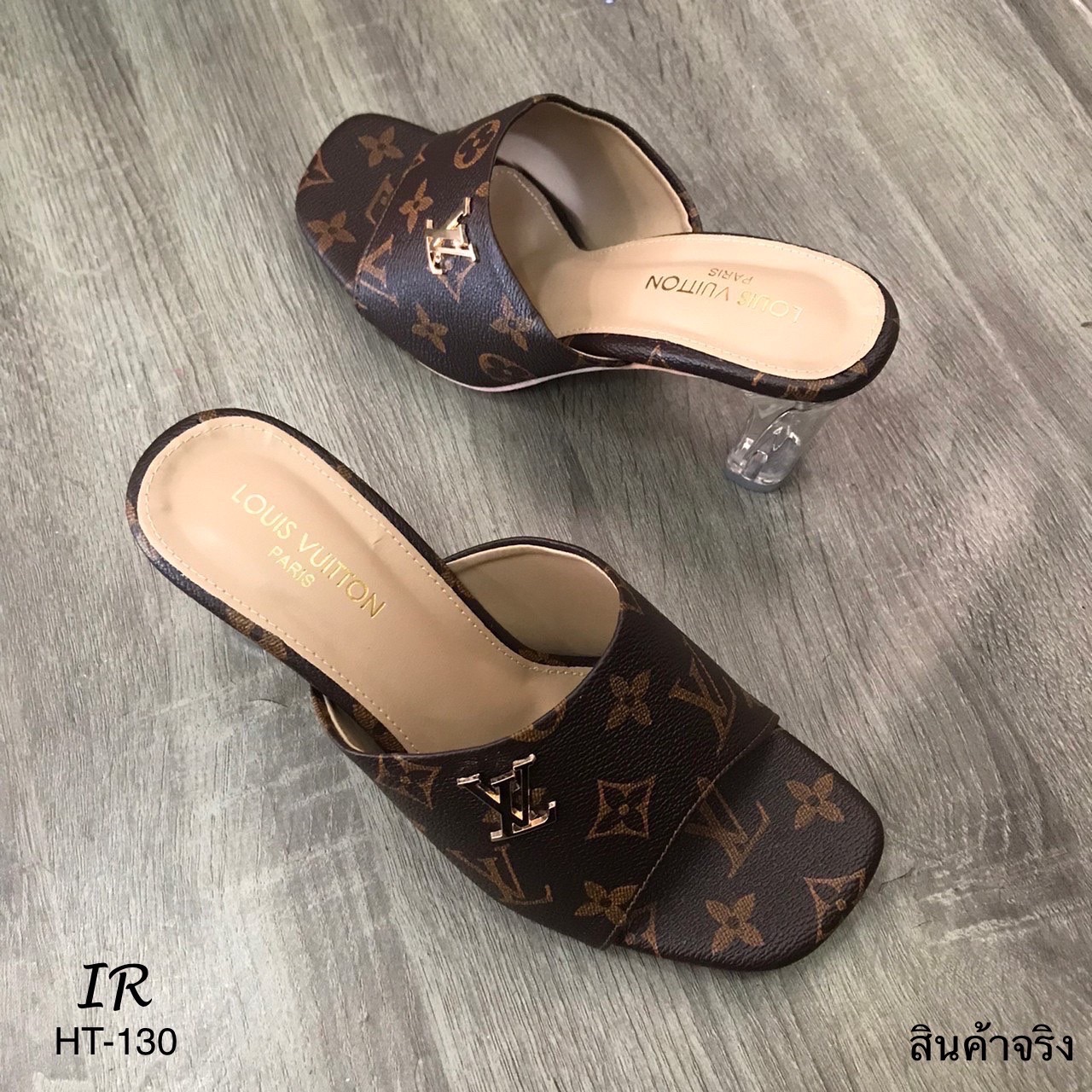 HT-130 แบบขายดี!!! พร้อมส่ง สวยเกินต้าน LV ตัวใหม่ สวย หนังสวยพรีเมียมเทียบแท้ อะไหล่งานตอก ส้นแก้วใสสูง 3 นิ้ว ไม่ใช่เกรดตลาดล่างนะคะ มาน้อยมากจ้า