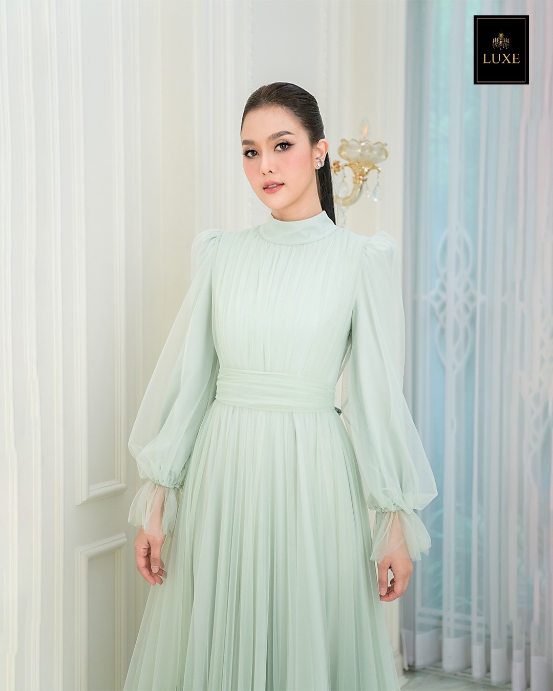 เดรสแฟชั่น แม็กซี่เดรสเสื้อคอปีนแขนยาว กระโปรงบานต่อชายรูดระบายรอบตัว