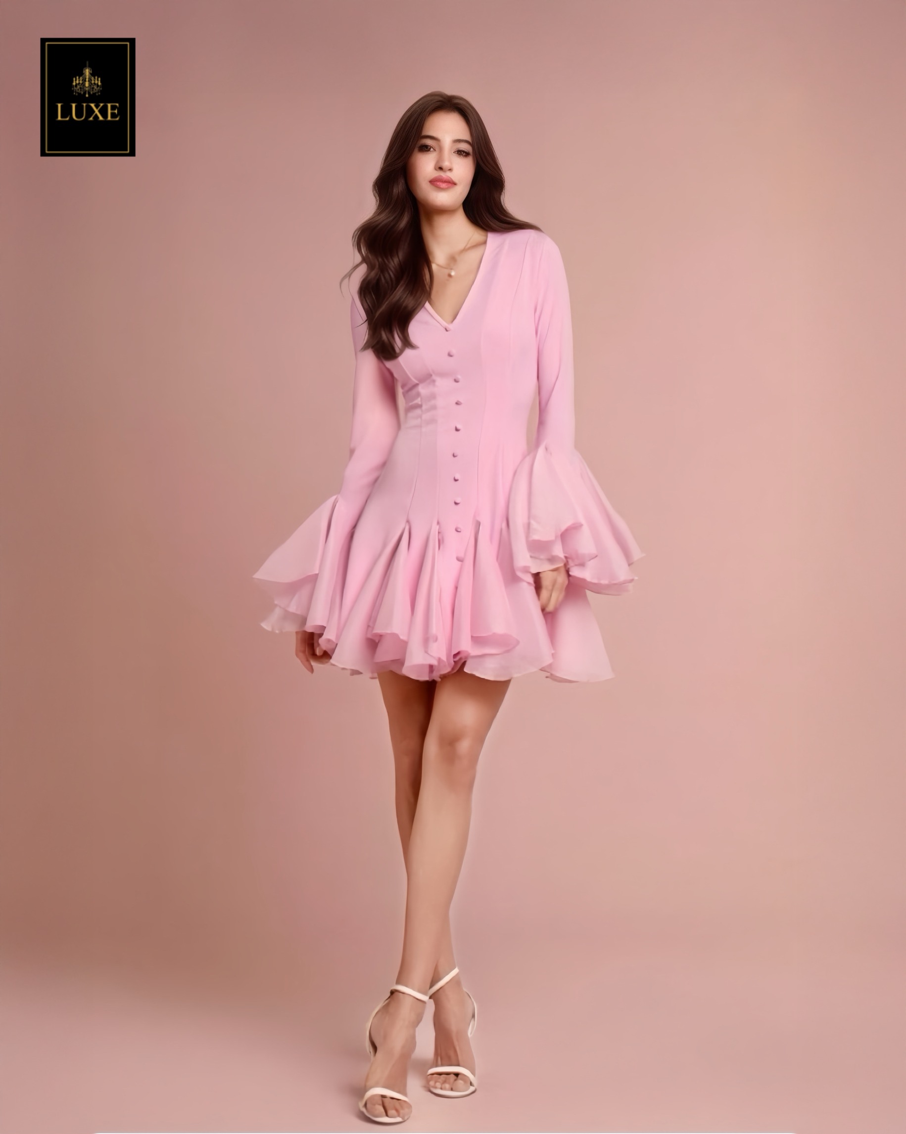 เดรสแฟชั่น ดีเทลปลายแขน และชายกระโปรงต่อผ้า แต่งระบายรอบ ด้านหน้าติดกระดุมปั๊ม