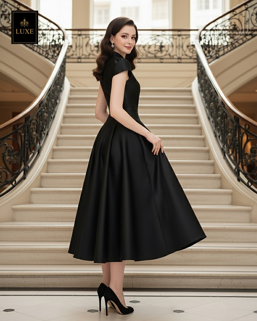 เดรสแฟชั่น เดรสเสื้อคอตั้ง แขนสั้น กระโปรงบาน