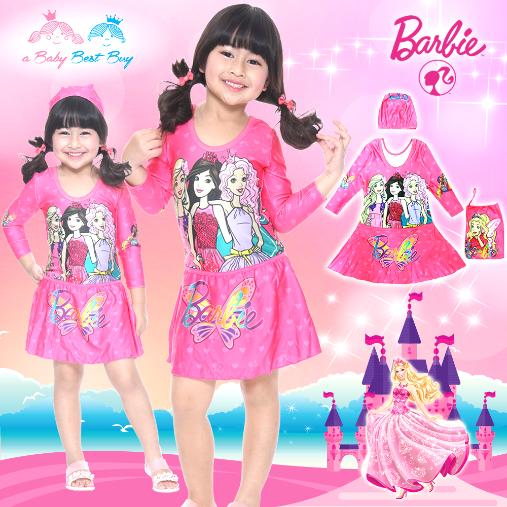 ( สำหรับเด็กอายุ 6เดือน-14 ปี ) Swimsuit for Girls ชุดว่ายน้ำ เด็กผู้หญิง Barbie สีชมพู บอดี้สูทเสื้อแขนยาว กระโปรง มาพร้อมหมวกว่ายน้ำ สุดน่ารัก ใส่สบาย ลิขสิทธิ์แท้