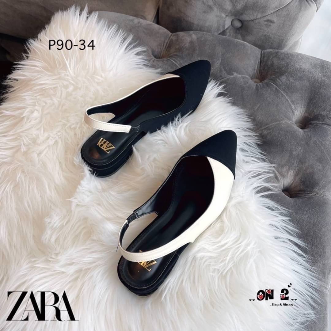 ZARA รองเท้าคัชชูหัวแหลมเปิดหลังสวมข้อเท้างานZARA ด้านหลังแบบยืดได้ สีสวยคลาสสิค ดำ-ขาว ดำ-ครีม ใส่แมทซ์กับชุดได้เยอะค่ะ