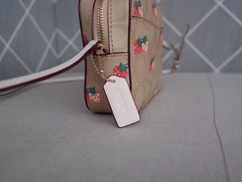 Coach MINI CAMERA BAG IN SIGNATURE CANVAS WITH STRAWBERRY PRINT IM/KHAKI MULTI Signature coated canvas with smooth leather details| Two credit card slots| Inside multifunction pocket| Zip closure, fabric lining| Outside open pocket| Adjustable strap with