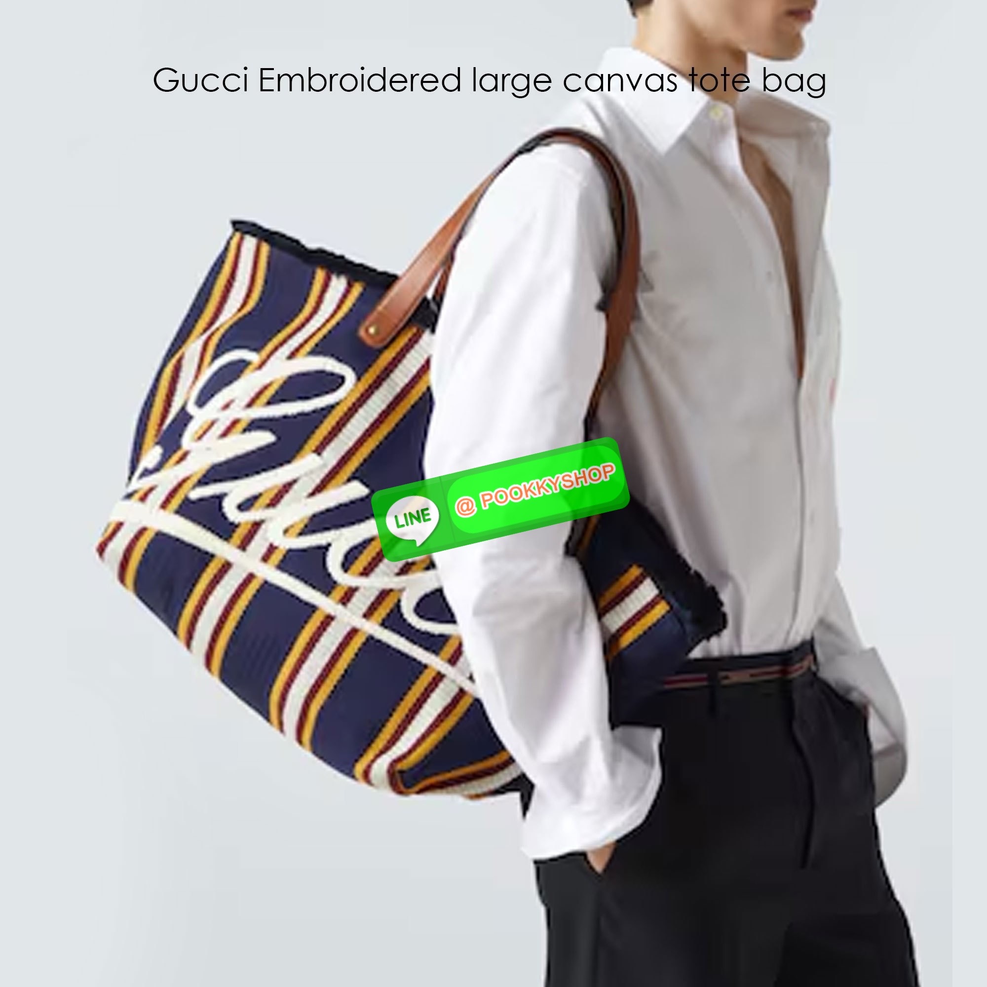 Gucci Embroidered large canvas tote bag Variation multicolor canvas กระเป๋าสะพายทรงโท้ทใบใหญ่ โดดเด่นผ้าแคนวาสฝ้ายลายทางสะดุดตา ตกแต่งด้วยงานปักลาย Gucci ด้านหน้า คอลเลคชั่นฤดูใบไม้ผลิ/ฤดูร้อน 2025 ภายในโล่งกว้าง จุของได้สบายๆ สะพายไปเที่ยว short vacation