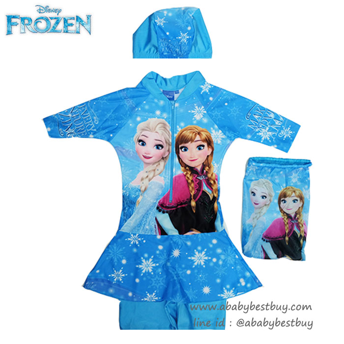 ฮ ( For Kids ) - Swimsuit for Girls ชุดว่ายน้ำ เด็กผู้หญิง Disney Frozen ชุดว่ายน้ำบอดี้สูท เสื้อแขนยาว กระโปรงกางเกงขาสั้น สีฟ้า ลาย เจ้าหญิง อันนา เจ้าหญิงเอลซ่า มาพร้อมหมวกว่ายน้ำและถุงผ้า สุดน่ารัก ใส่สบาย ชุดว่ายน้ำเด็กผู้หญิง