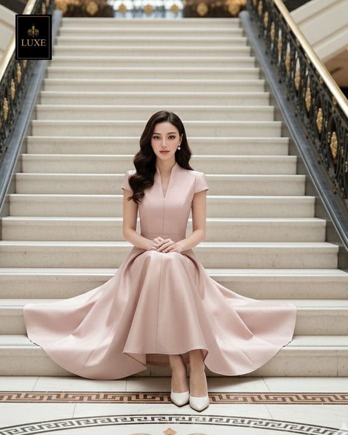 เดรสแฟชั่น เดรสเสื้อคอตั้ง แขนสั้น กระโปรงบาน