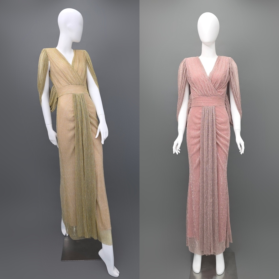 เดรสแฟชั่น แม็กซี่เดรสเสื้อคอวีคลุมแขน กระโปรงเข้ารูปตรงสะโพก จับเดรปตรงกลาง