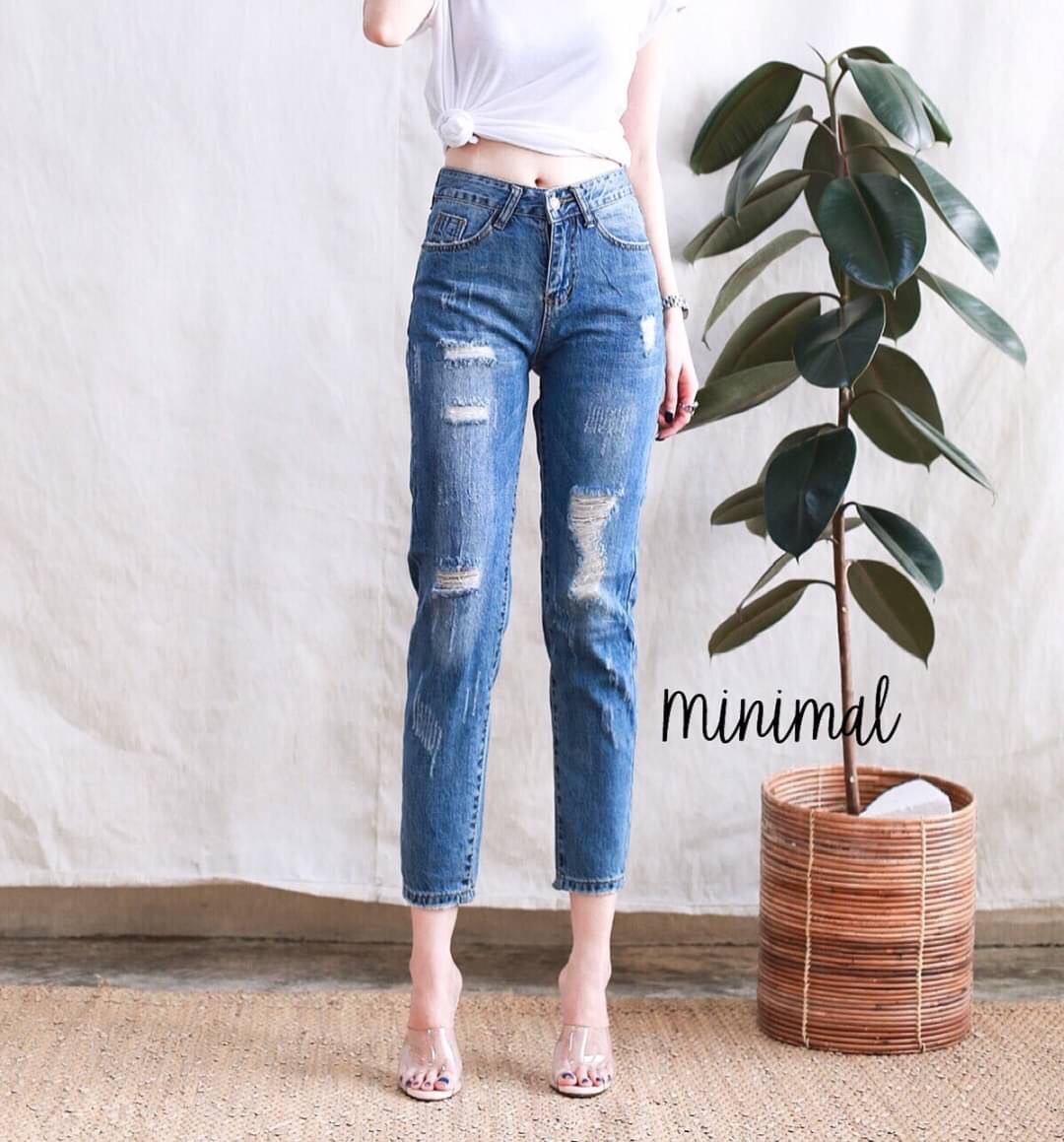 กางเกงแฟชั่น กางเกงยีนส์บอยเฟรนทรงขาเต่อ สียีนส์ฟอกเฟด แต่งขาดเซอร์สวยมาก