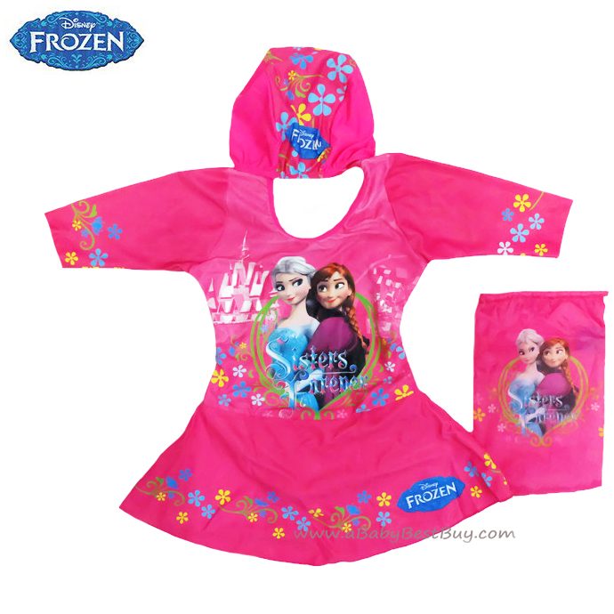 ฮ Size XS - ชุดว่ายน้ำ เด็กผู้หญิง Disney Frozen บอดี้สูท สีชมพู เสื้อแขนยาว กระโปรงกางเกง สกรีนลาย เจ้าหญิง อันนา เอลซ่า มาพร้อมหมวกว่ายน้ำและถุงผ้า สุดน่ารัก ใส่สบาย ดิสนีย์แท้ ลิขสิทธิ์แท้ (สำหรับเด็กอายุ 1-3 ปี)