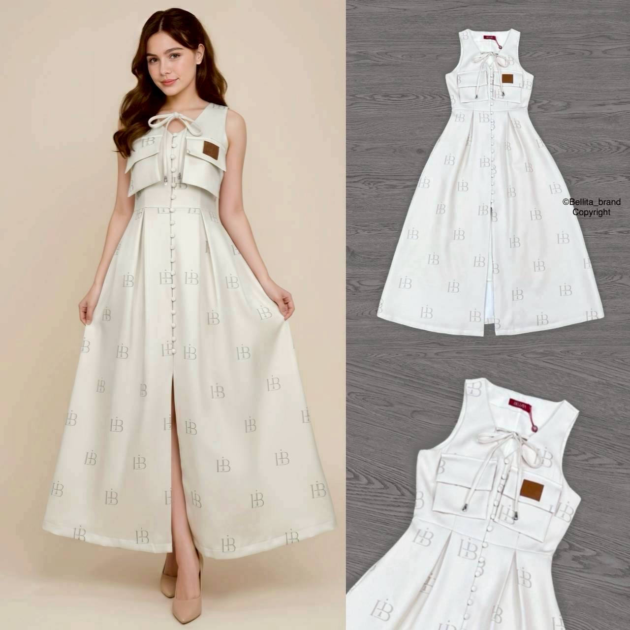 เดรสยาวสีครีมละมุนตุ้น คอวีแขนกุด ผูกโบว์ที่คอ มีกระเป๋าที่อก เอวข้ารูป แต่งกระดุมด้านหน้า ซิปด้านหลัง ผ่าหน้า ลายพิมพ์ตัวอักษร สีสวยซอฟนุ่มมากคือละมุนใจ