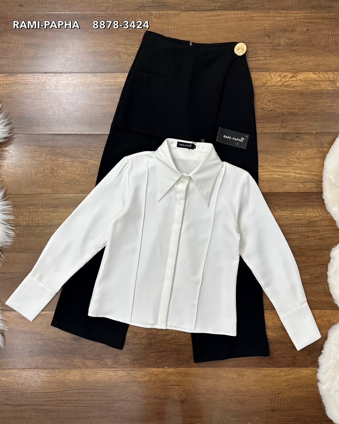 ชุดเซทแฟชั่น เสื้อเชิ้ตคอปกดีไซน์เก๋ ด้านหน้ากุ๊นเป็นเส้นตรง กระดุมซ่อนด้านหน้าใช้งานได้จริง