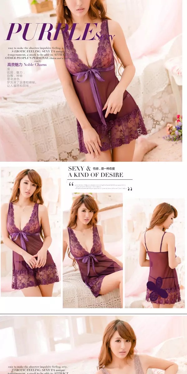 ชุดนอนเซ็กซี่ ชุดนอนซีทรู ชุดนอนสายเดี่ยว แต่งลูกไม้ สีม่วงเข้ม ติดริบบิ้น เพิ่มความหวานใต้อก เนื้อผ้าทิ้งตัว เกรดPremium สวยเซ็กซี่ ยั่วยวนมากๆคะ+G-string
