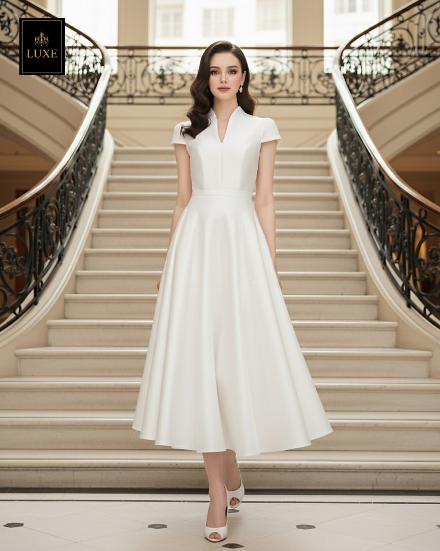 เดรสแฟชั่น เดรสเสื้อคอตั้ง แขนสั้น กระโปรงบาน