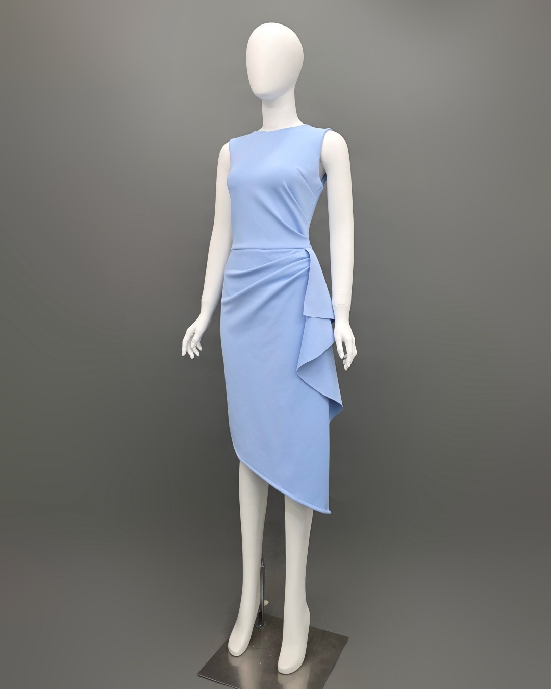 เดรสแฟชั่น เดรสเสื้อคอกลมแขนกุด กระโปรงทรงสอบ แต่งระบายข้าง ปลายเฉลียง