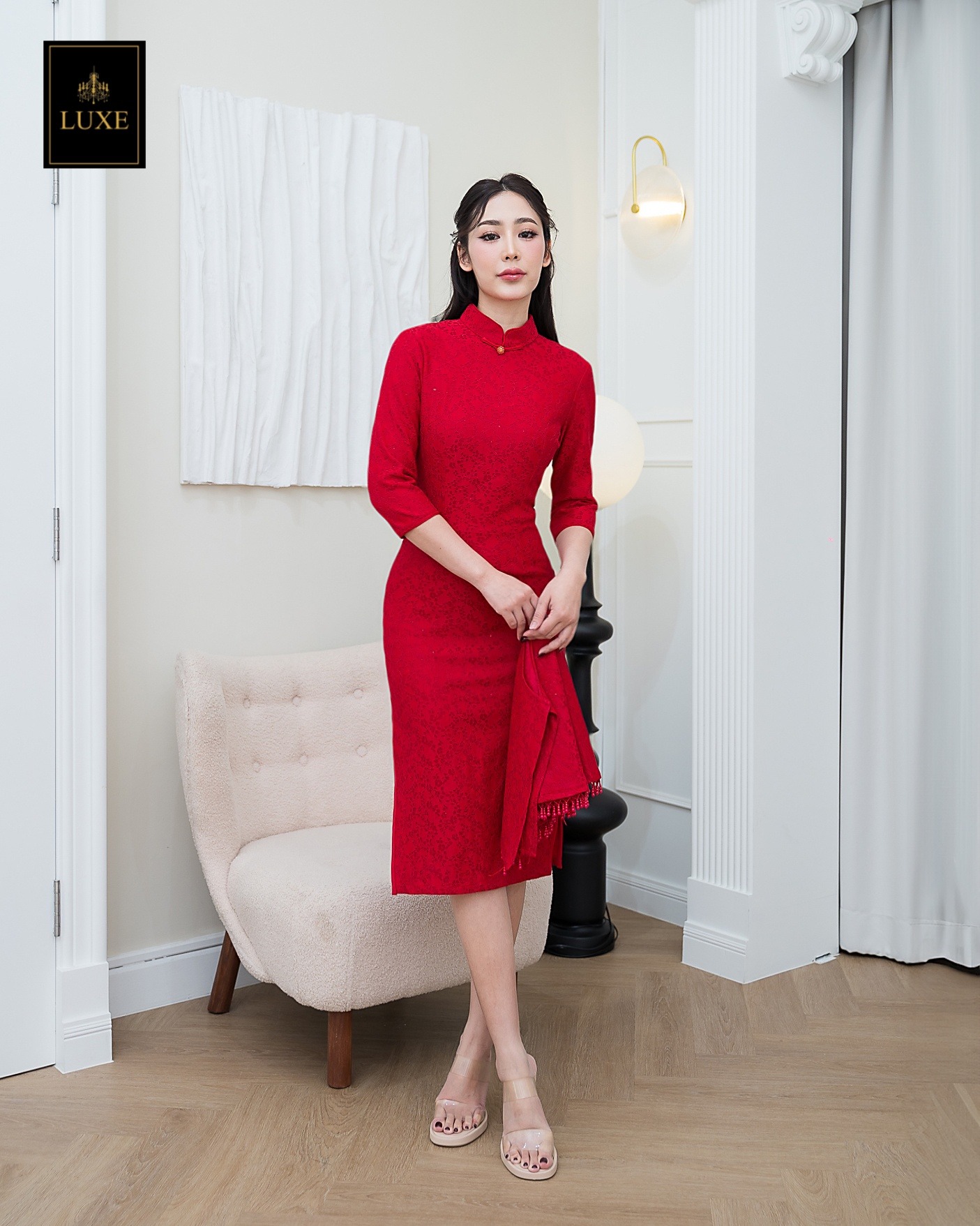 เดรสแฟชั่น เดรสกี่เพ้าเสื้อแขน 3 ส่วน มีเสื้อคลุมที่สามารถถอดได้