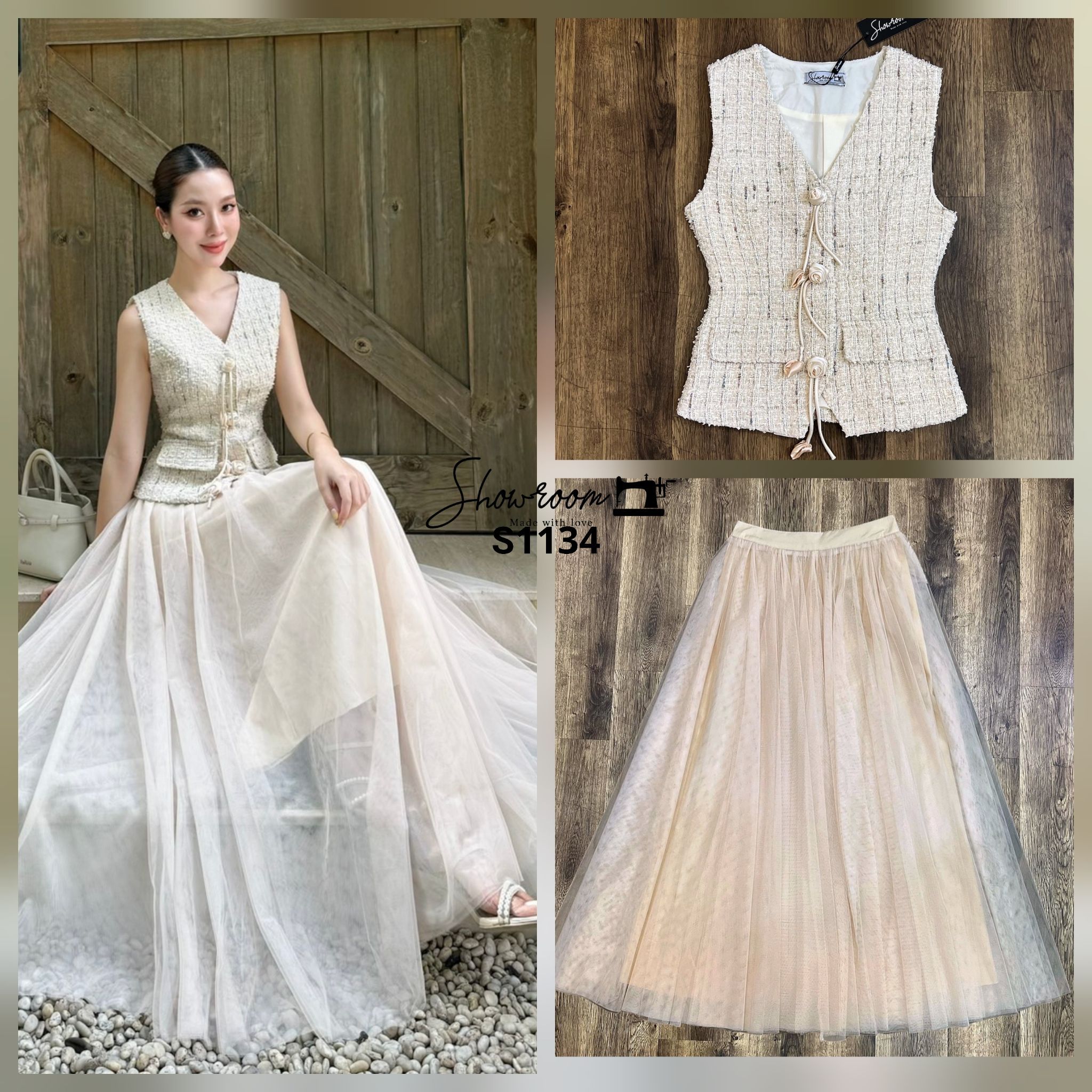 ชุดเซทแฟชั่น เซ็ตเสื้อคอวีแขนกุดผ้าทวีต มาพร้อมกระโปรงผ้ามุ้งยาวดีไซน์เก๋