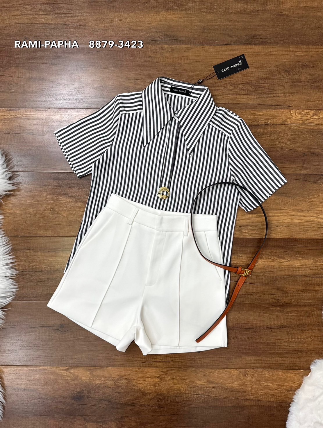 ชุดเซทแฟชั่น เซตส4ชิ้นสุดคุ้ม!! เสื้อเชิ้ตแขนสั้นคอปกเก๋ๆ ลายริ้วทางตรงสีสวยคลาสสิค