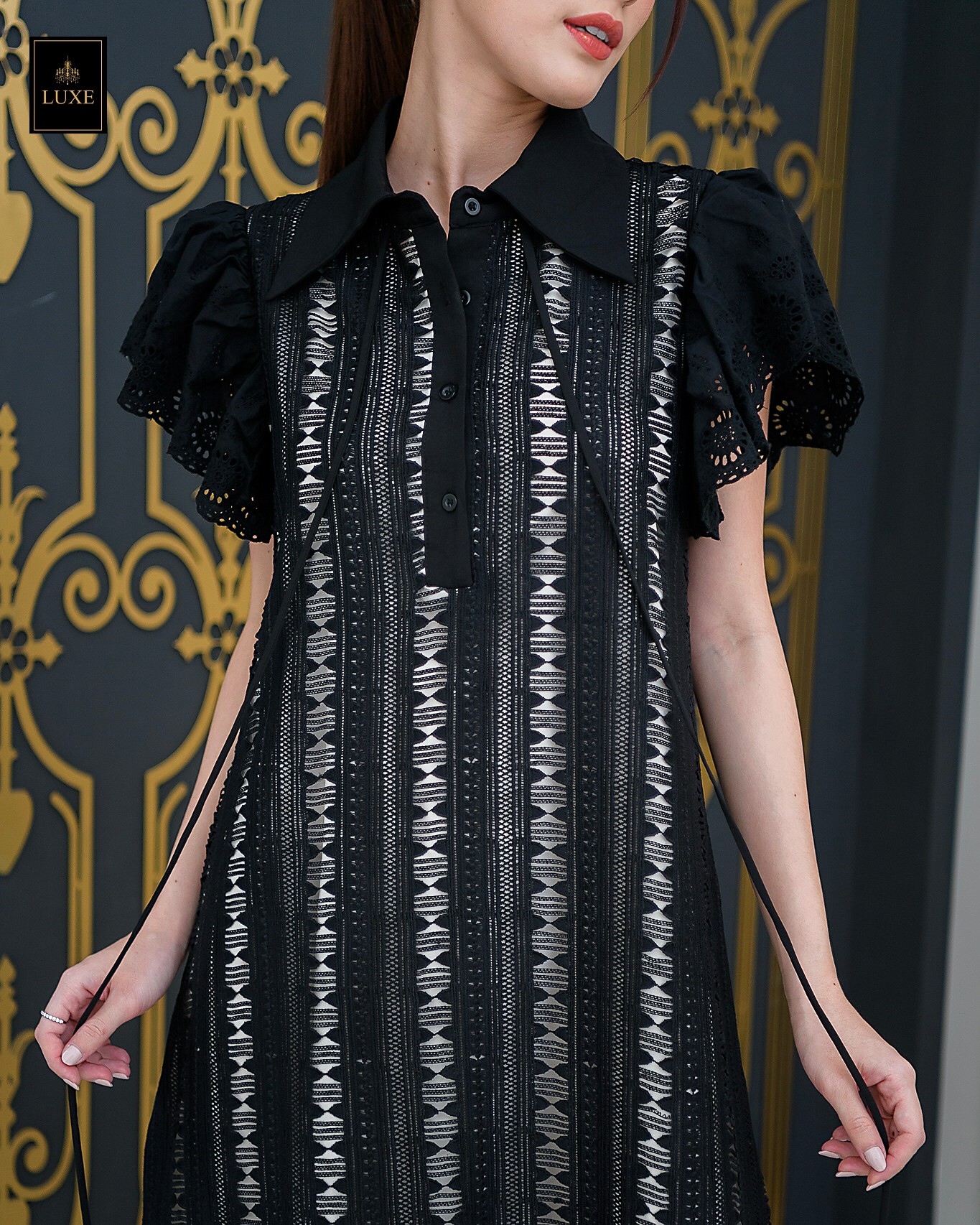 เดรสแฟชั่น เดรสเสื้อคอปกแขนระบาย กระโปรงทรงเอ แพทเทิร์นตัวหลวมใส่สบาย