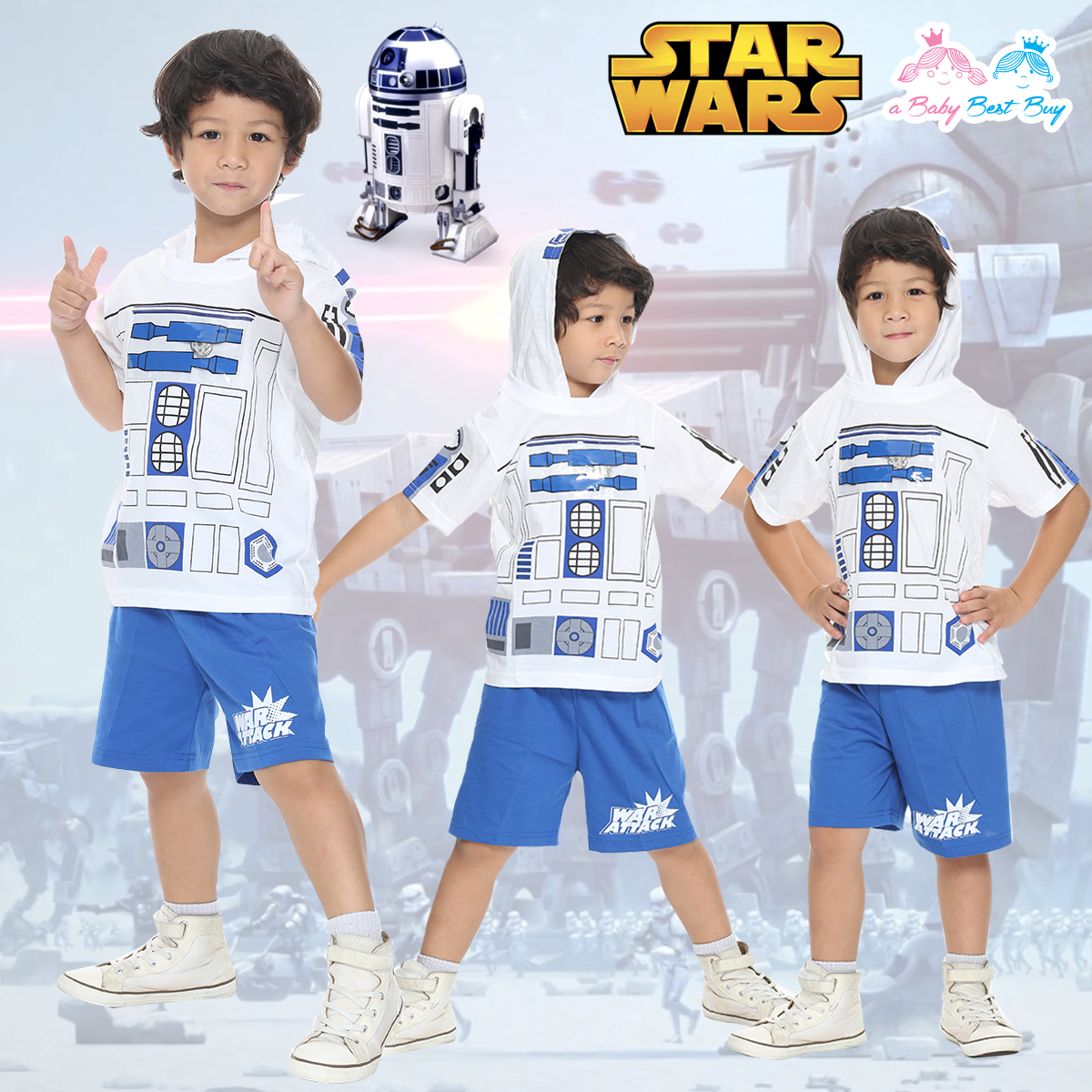 ฮ ( 3-4-5 ปี ) ชุดแฟนซีเด็ก เด็กผู้ชาย Star Wars สีขาว เสื้อแขนสั้น มีไฟกระพริบตรงหน้าอก มีหมวก(ฮู้ด) สกรีนลายหน้ากาก กางเกงขาสั้น ชุดสุดเท่ห์ ใส่สบาย ลิขสิทธิ์แท้ (สำหรับเด็ก3-4-5 ปี)