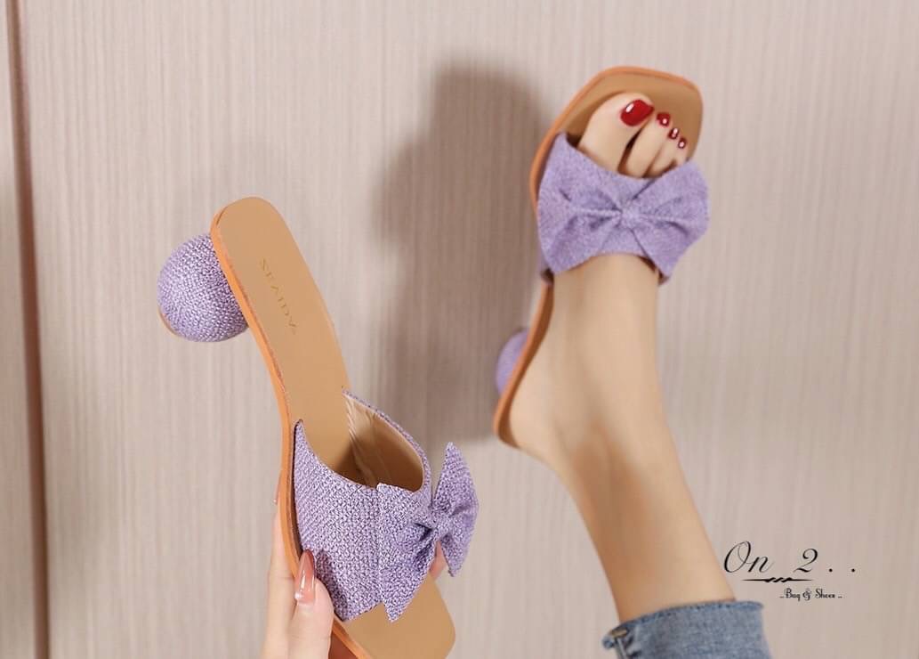 รองเท้าส้นสูง ส้นกลมผ้ากระสอบประดับโบพื้นคิว งานสวยน่ารักมากค่ะ -Premium Quality- วัสดุเกรดดี การันตีคุณภาพค่ะ