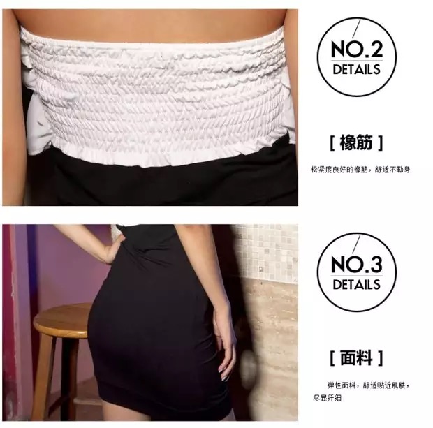 ชุดเดรสสั้น เดรสปาร์ตี้ เดรสออกงาน กลางคืน เดรสเกาะอกสีดำ แต่งระบายชีฟองขาว เนื้อผ้ายืดเข้ารูป สวยเปรี่้ยวมั่กๆคร่า +G-string