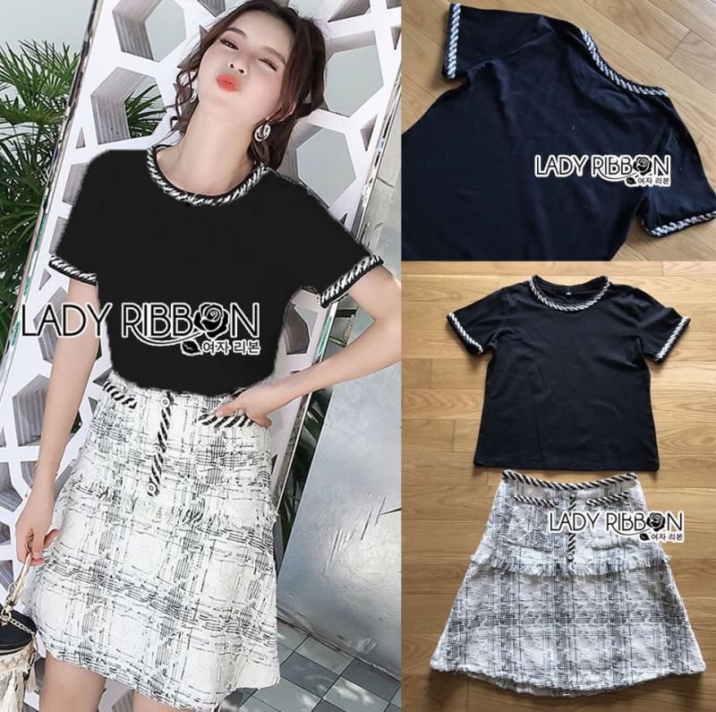 Lady Ribbon's Made Lady Hannah Basic with a Twist T-Shirt and Tweed Skirt Set เซ็ตเสื้อยืดเรียบๆและกระโปรง ลุคนี้ใส่แล้วเหมือนสาวปารีสเลยค่า น่ารักสุดๆ เสื้อยืดเหมือนจะธรรมดาแต่มีดีเทลเก๋ๆที่เข้ากับกระโปรงที่คอเสื้อและชายแขนเสื้อ กระโปรงเป็นทรงเอวสูง