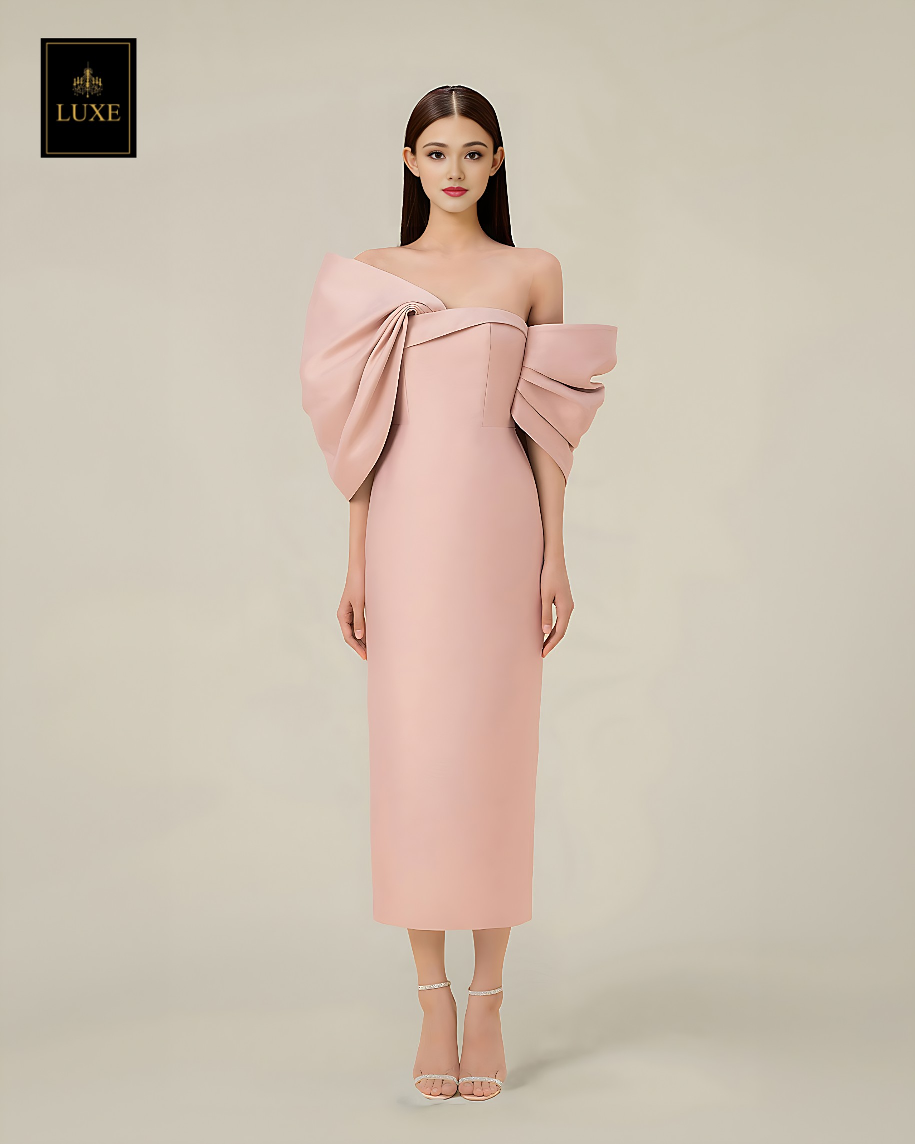 เดรสแฟชั่น มีดี้เดรสเสื้อคอกลมแขนกุด แต่งด้วยผ้าซีทรูสีนู้ด