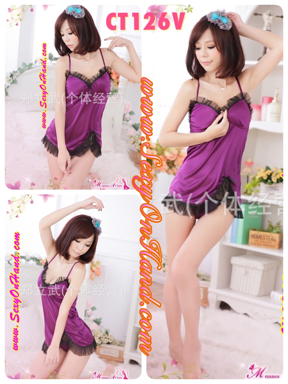 ชุดนอนเซ็กซี่ ชุดนอนสายเดี่ยว ซาตินสีม่วง แต่งขอบด้วยชีฟองสีดำ ชายเล่นระดับ แบบชุดสวยเปรี้ยวเซ็กซี่มากๆเลยคะ +G-string