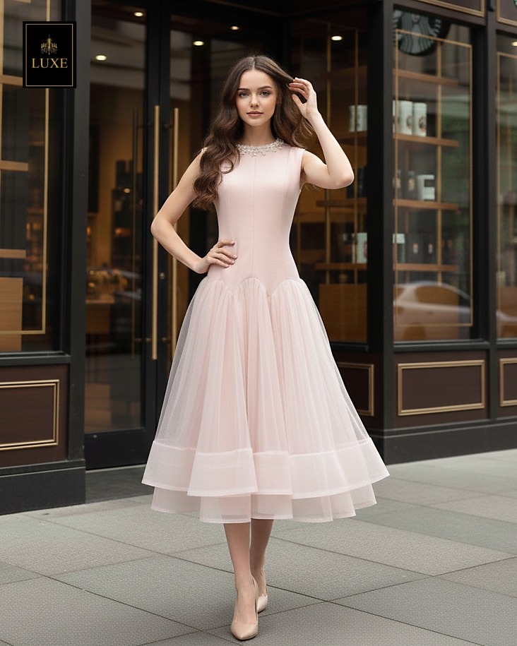 เดรสแฟชั่น เดรสเสื้อคอกลมแขนกุด กระโปรงบาน แต่งลูกปัดมุกรอบคอเสื้อ