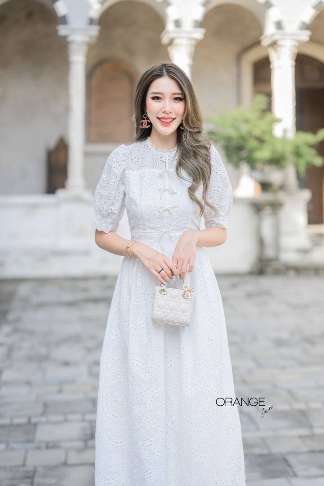 NEW ARRIVALS By Orange Juice Maxi เดรสยาวทอลายฉลุ แต่งโบมุก