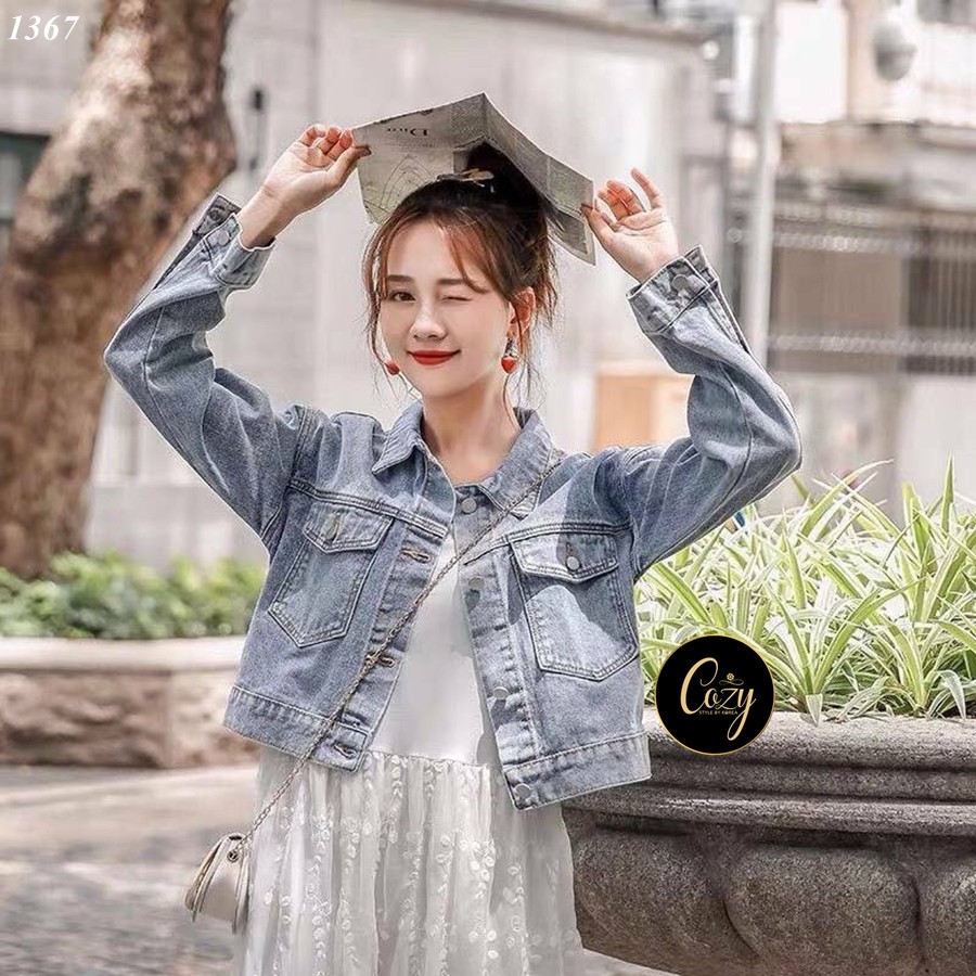 เสื้อแฟชั่น เสื้อครอปยีนส์ฟอกสีสวย แขนยาวติดกระดุมเงินปลายแขน อกผ่าหน้าติดกระดุม 4 เม็ด