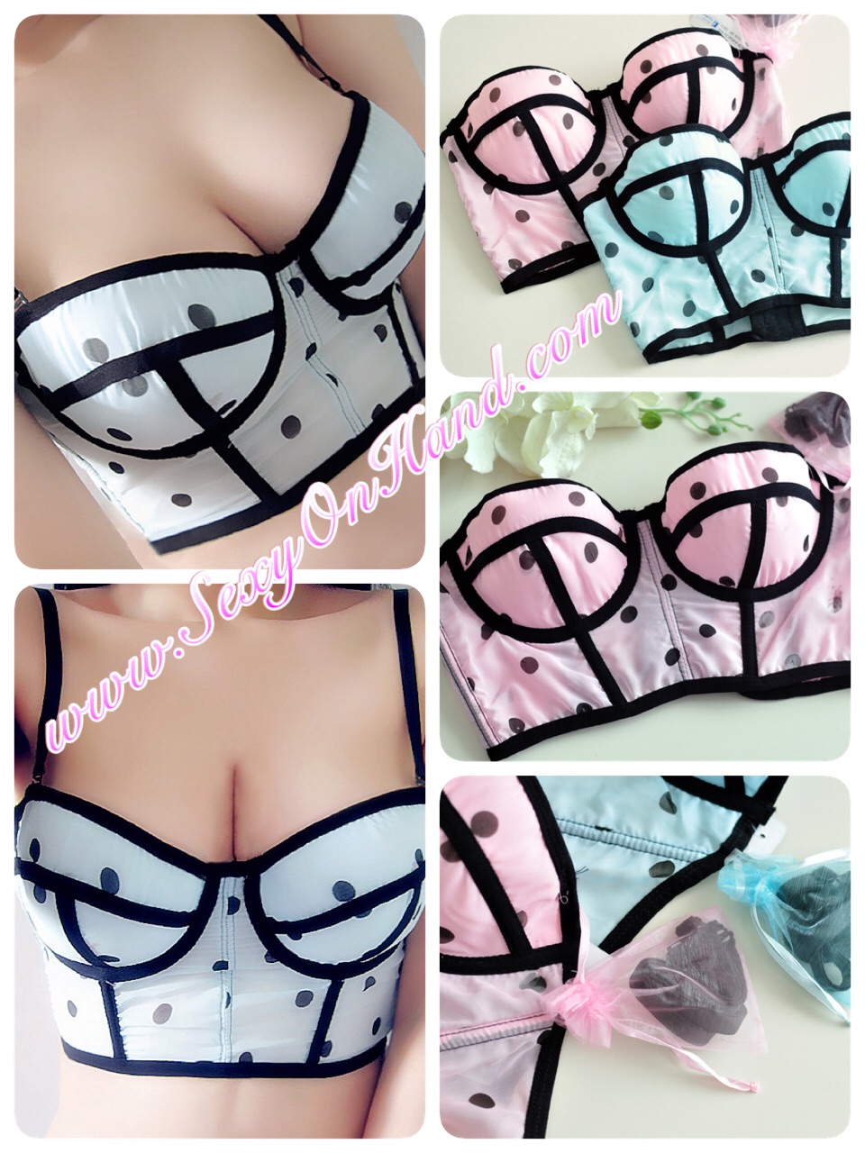 ชุดชั้นในเซ็กซี่ ชั้นในเต็มตัว งานเกรดพรีเมี่ยม ส่งญี่ปุ่น สีชมพูอ่อน ลายจุด แต่งขอบ ดำ 34B/34C