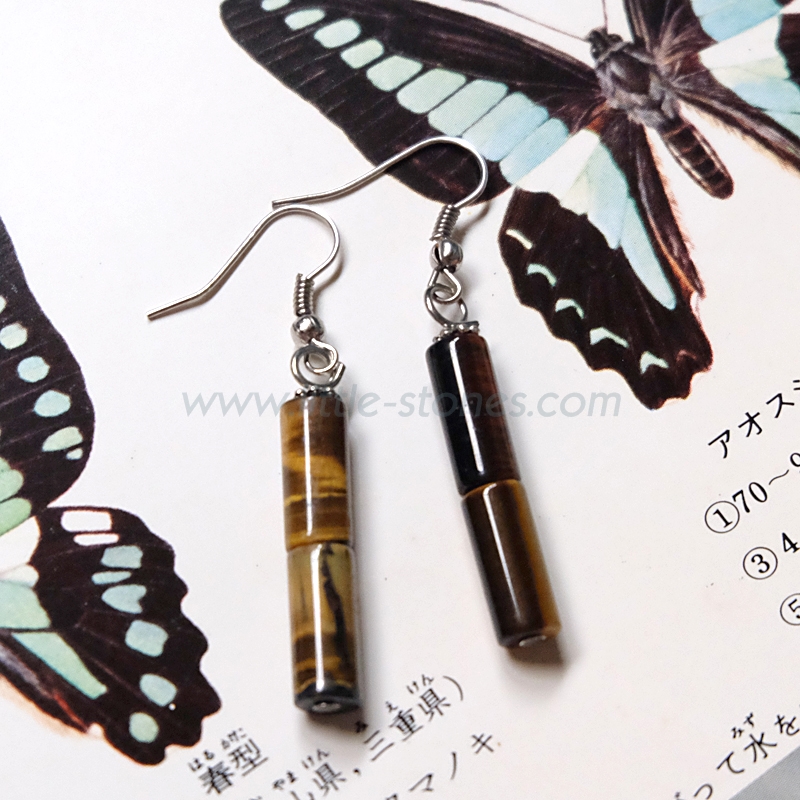 ต่างหูหิน ตาเสือ ไทเกอร์สอาย รูปทรงกระบอก (Tiger's Eye)
