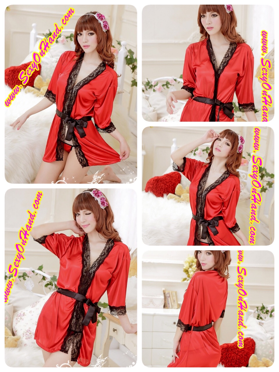 ชุดคลุมเซ็กซี่ ชุดคลุมซีทรู ชุดคลุมซาติน สีแดงสด แต่งขอบชุดและแขนเสื้อ ด้วยลูกไม้ดำ เนื้อผ้าซาตินมีน้ำหนัก ใส่เย็นสบาย ทิ้งตัวคะ + G string เข้าชุด