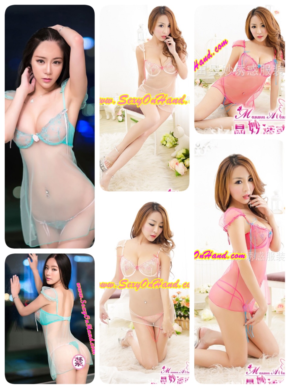 ชุดนอนเซ็กซี่ ชุดนอนซีทรู สีชมพู สด แต่งริบบิ้นฟ้า และปักลูกไม้ ชมพู-ฟ้า ช่วงอก ชุด มีรองโครงที่ตัวเสื้อด้านใน + กางเกงในจีสตริง สีสวย ชมพูสดแต่งริบบิ้น เข้าชุดคะ